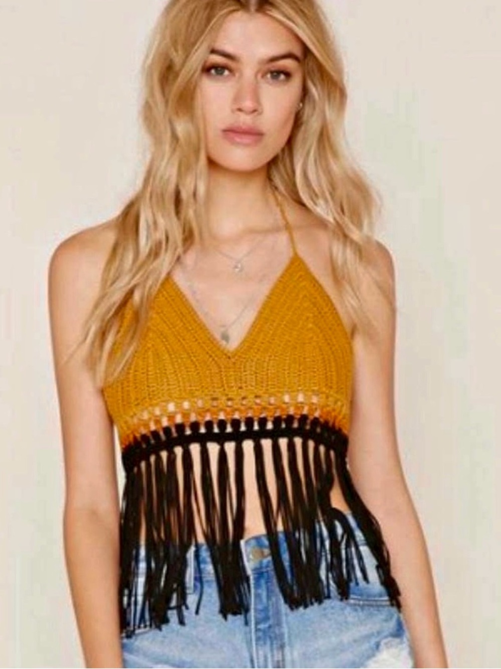 Forever 21 Mustard Yellow Crochet Fringe Halter Top